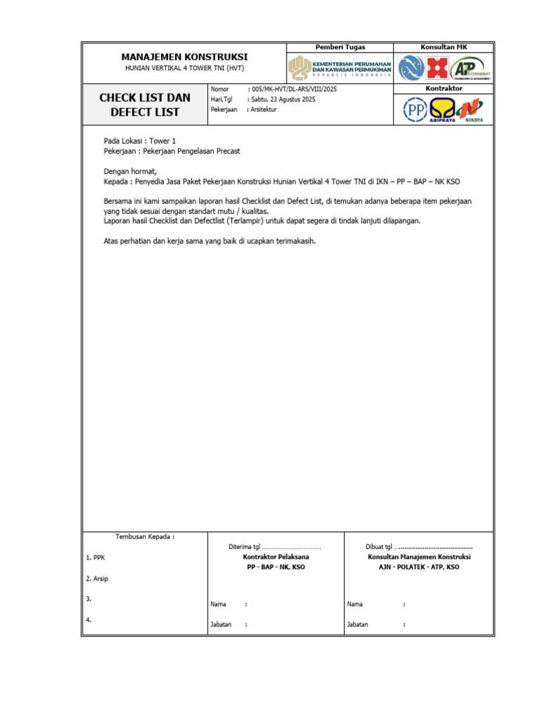 Defect List Pekerjaan Konstruksi HVT | PDF