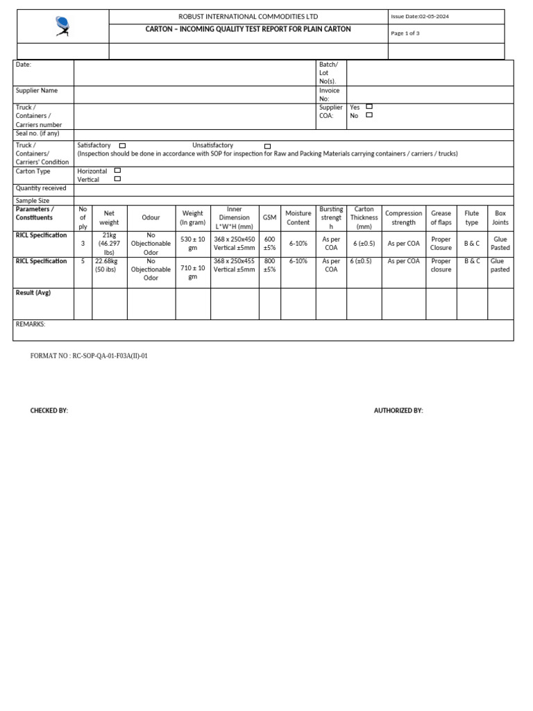 Carton Incoming Quality Test Report | PDF