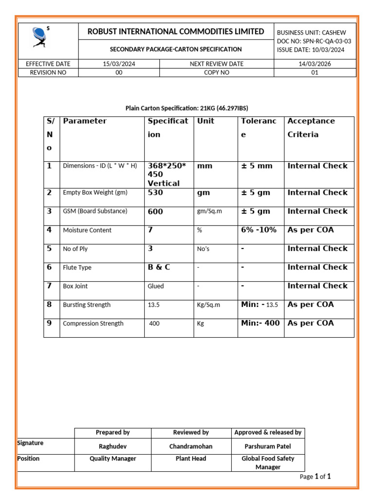 Cashew Carton Specification Document | PDF