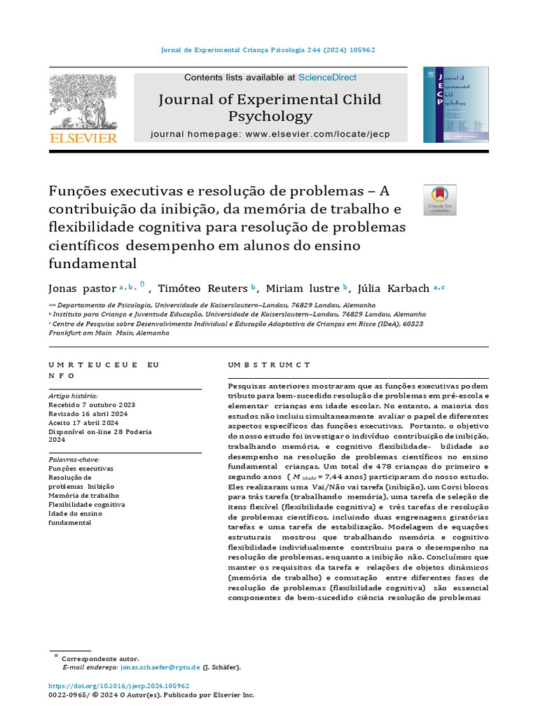 Executive Functions and Problem Solving The Contribution o 2024 Journal ...