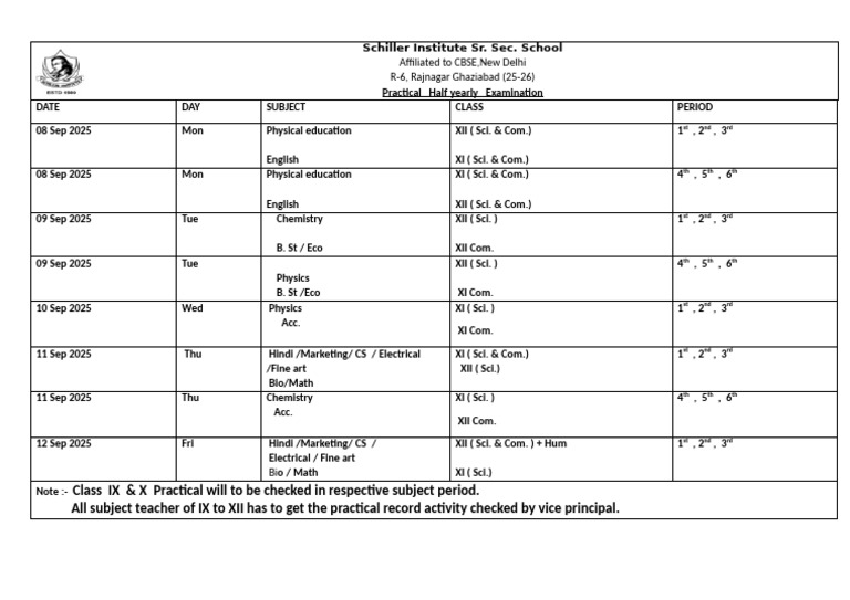 Half Yearly Practical Date Sheet 25-26 | PDF
