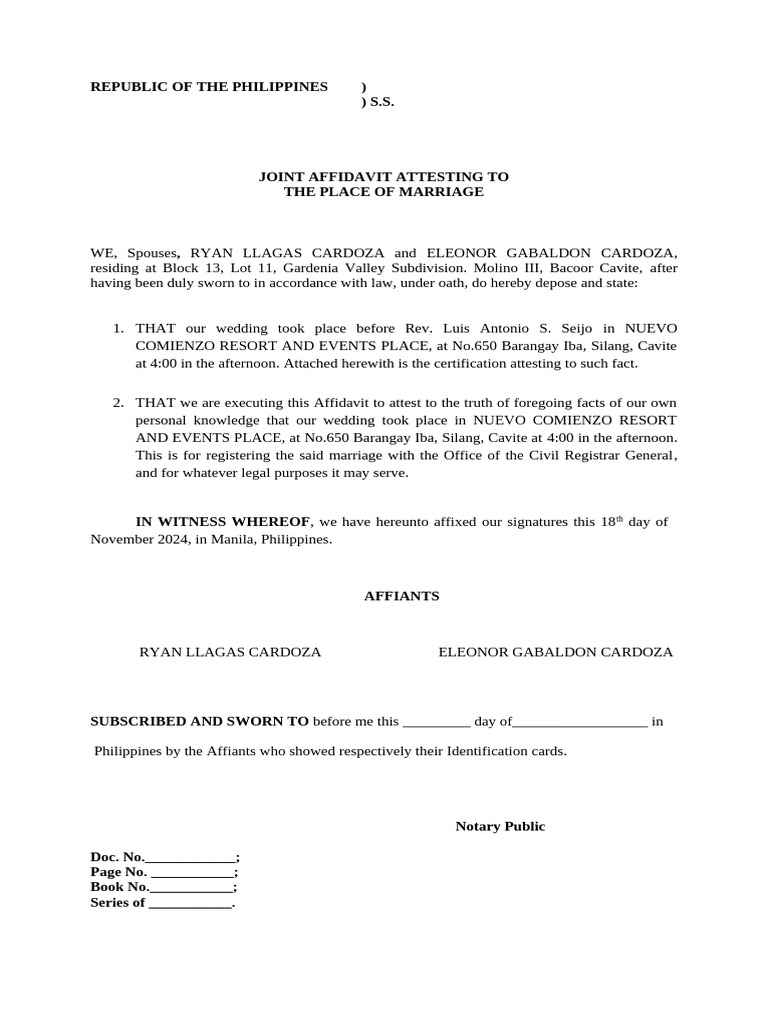 Joint Affidavit Attesting To The Place of Marriage | PDF