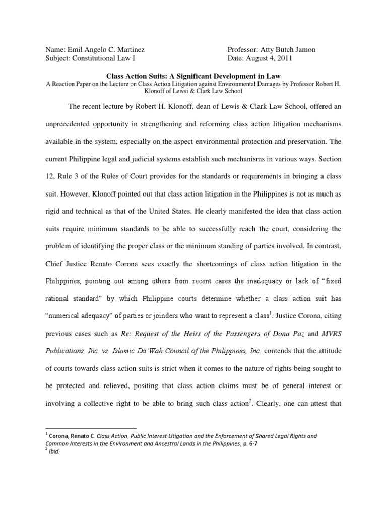 Class Action - Reaction Paper | PDF | Class Action | Natural And Legal ...