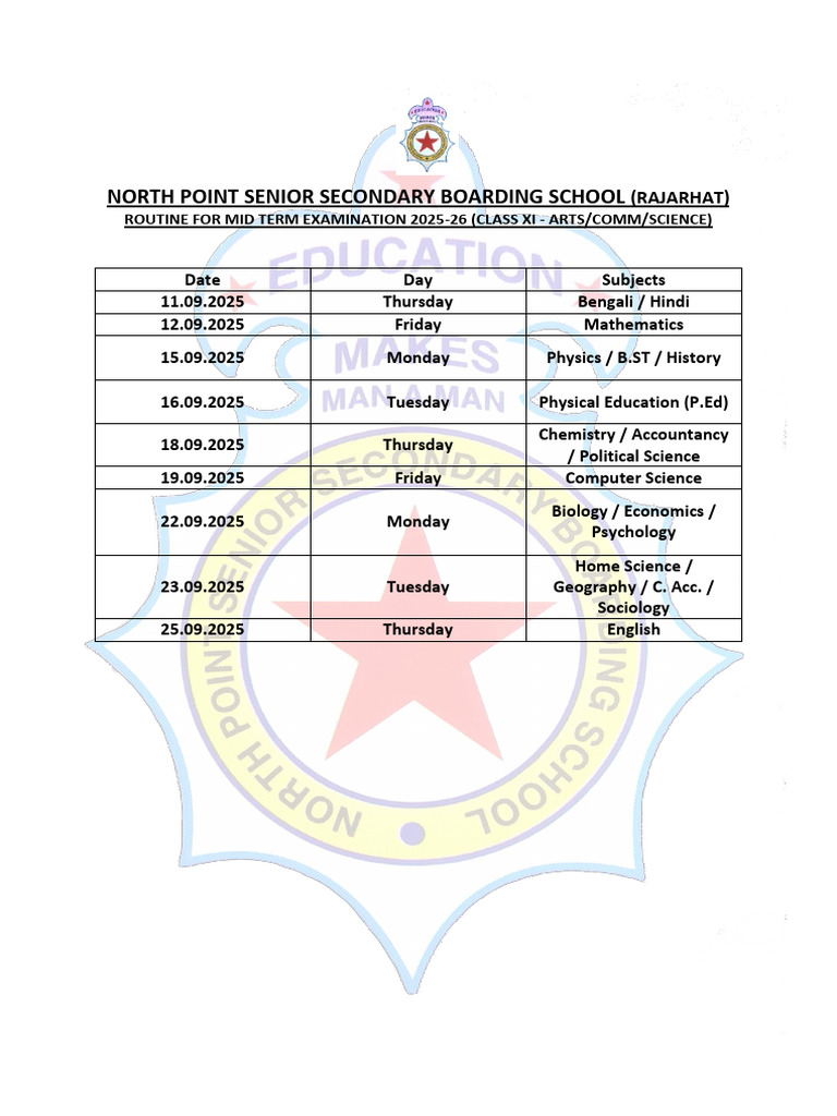 Mid Term Class Xi Routine - 2025-26 | PDF