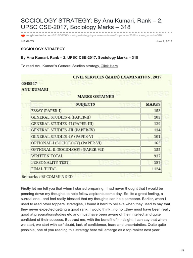 Anu Kumari's Sociology Strategy Guide | PDF