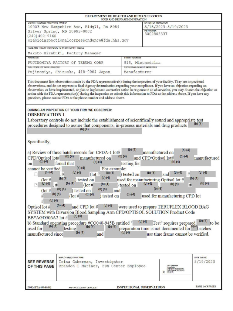Terumo FDA Form 483 Inspection Findings | PDF