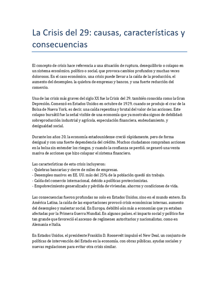 Causas y Consecuencias de la Crisis del 29 | PDF | Gran depresion ...