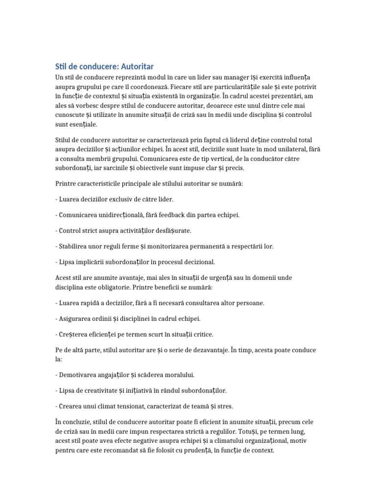 Stil de Conducere Autoritar Prezentare | PDF