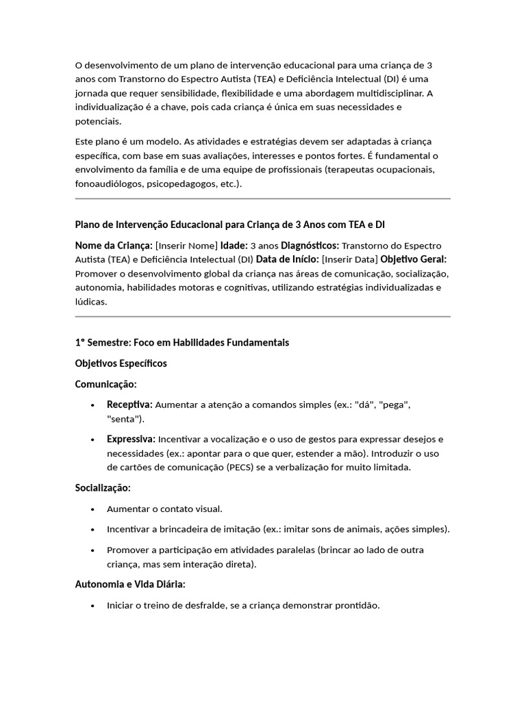 Plano de Intervenção TEA e DI para Crianças | PDF | Autismo | Comunicação