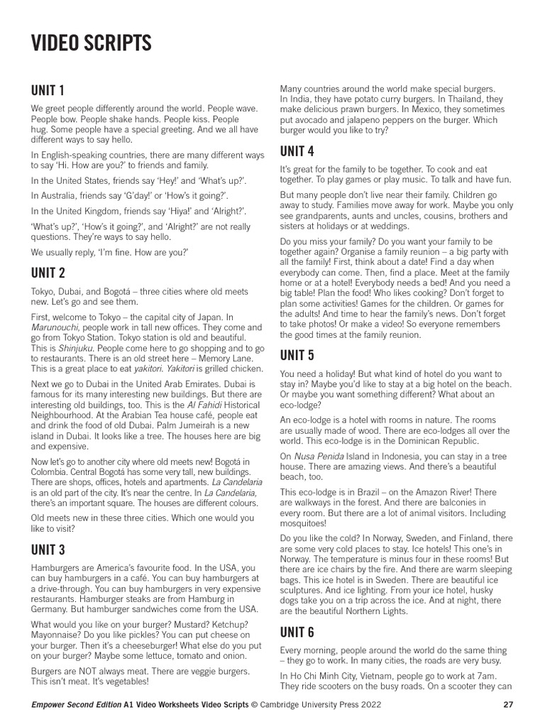 Empower Starter Video Activity Sheet Scripts | PDF | Hamburgers | Dubai