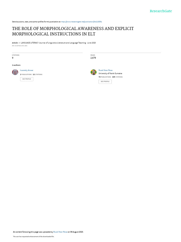 The Role of Morphological Awareness and Explicit M | PDF | Morphology ...