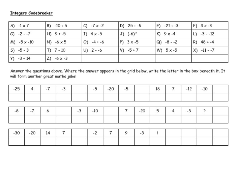 Integers Codebreaker Activity | PDF