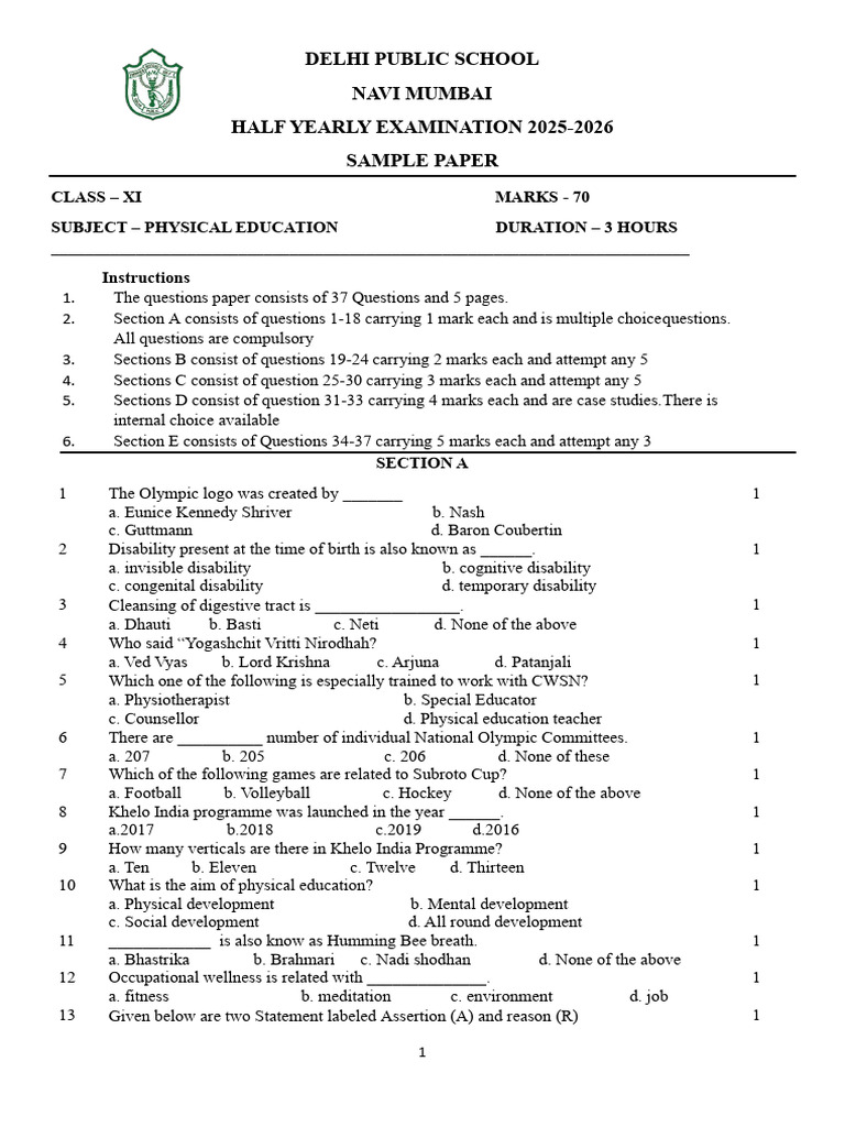 Class XI Physical Education Sample Paper | PDF | Reason