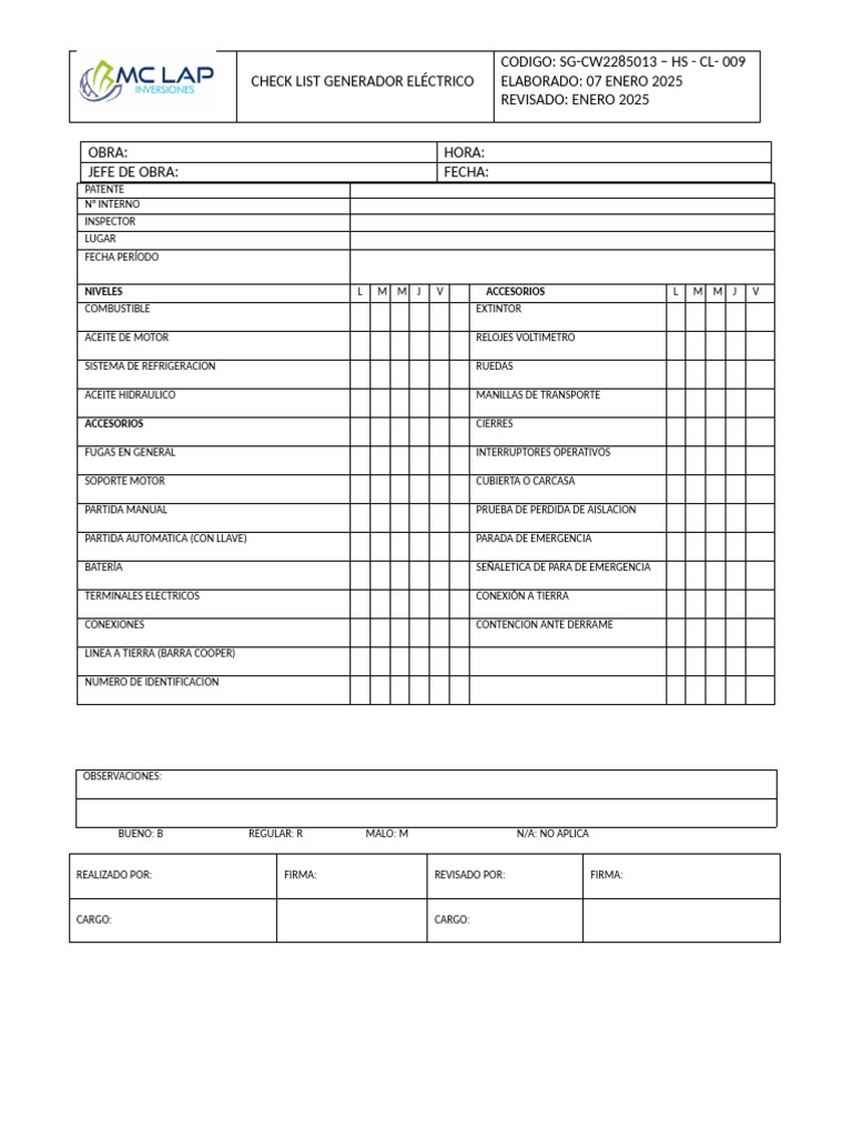 Checklist para Generador Eléctrico | PDF