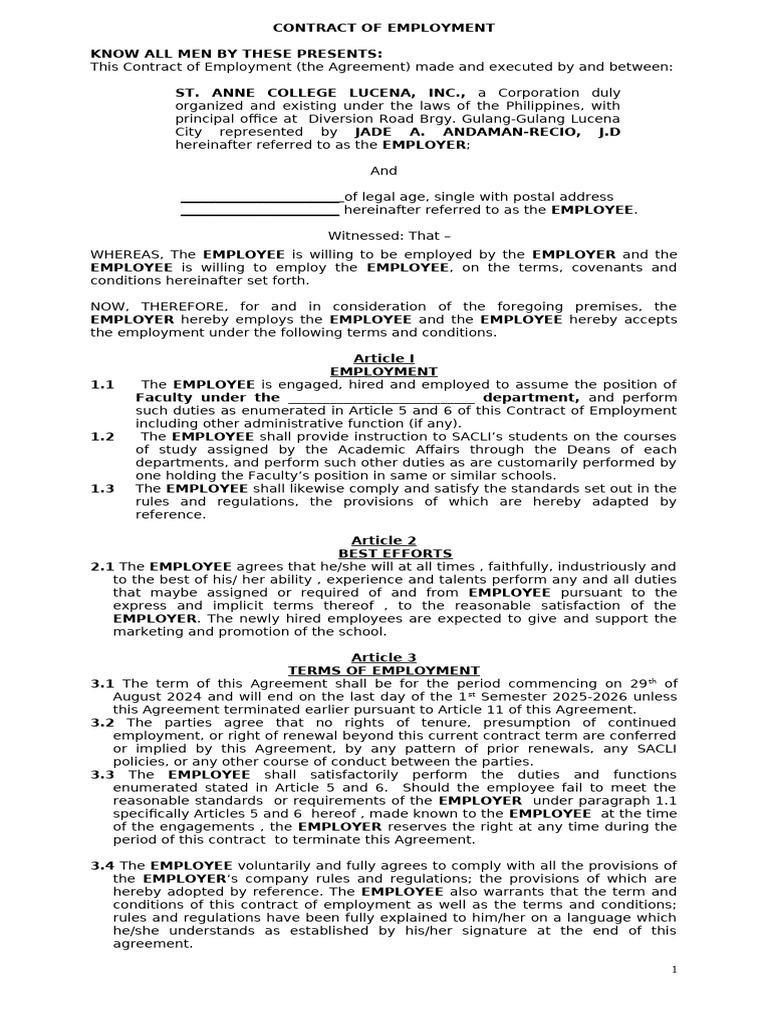 St. Anne College Employment Contract | PDF | Employment | Business