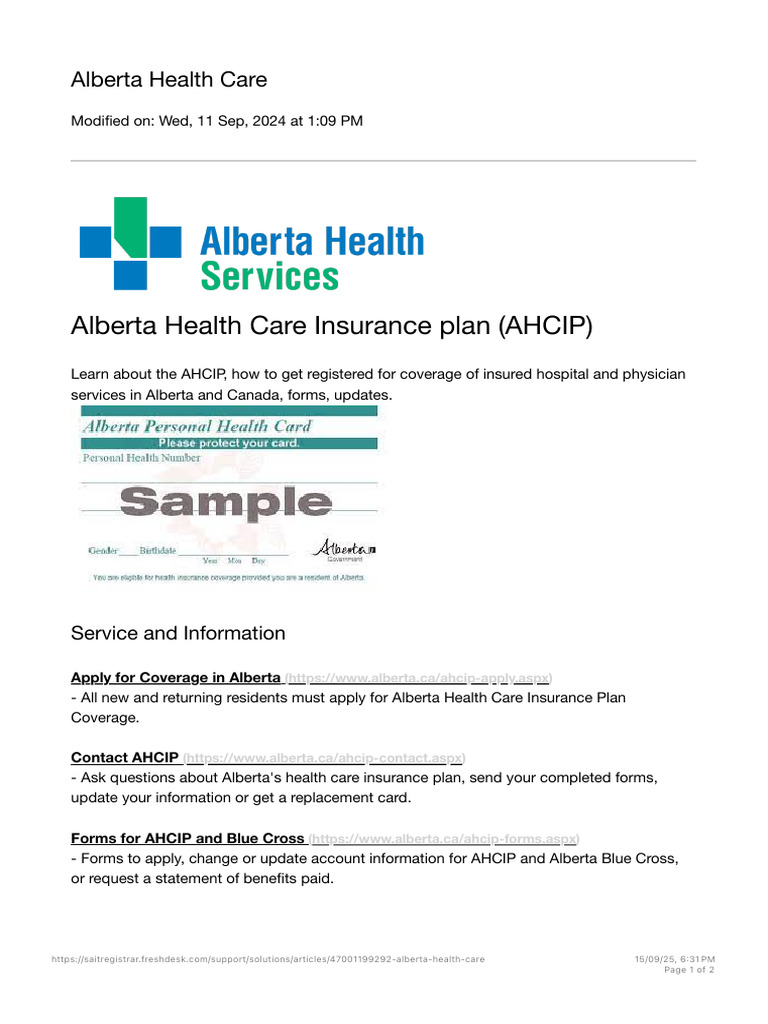 Alberta Health Care Insurance Guide | PDF