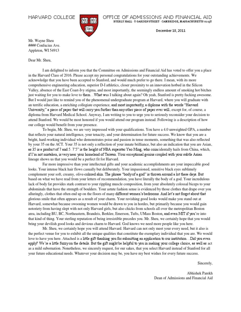 harvard application letter sample