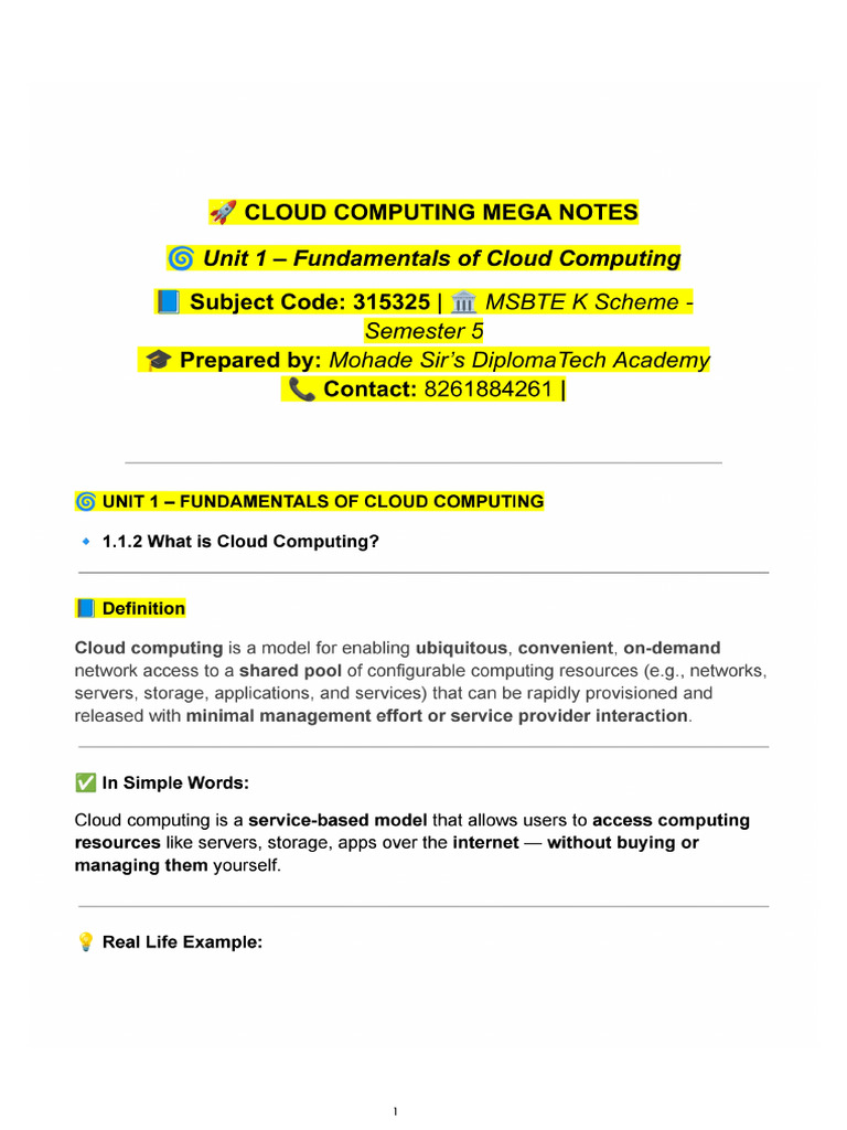 Unit-1 Cloud Computing Notes 1.2 | PDF