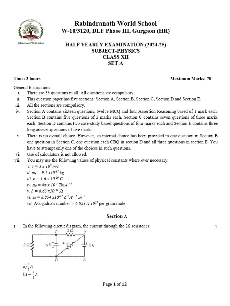 Class XII Physics Half-Yearly Exam 2024 | PDF | Capacitor | Electrical ...