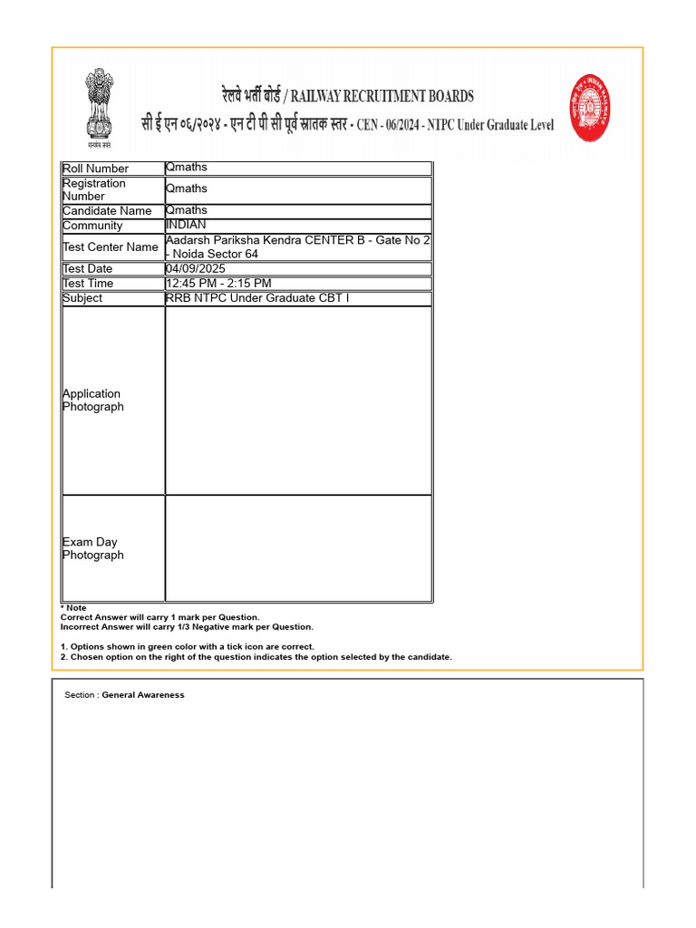RRB NTPC 2024 Ug Sample Key | PDF