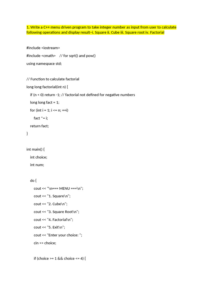 C++ Menu for Math Operations | PDF
