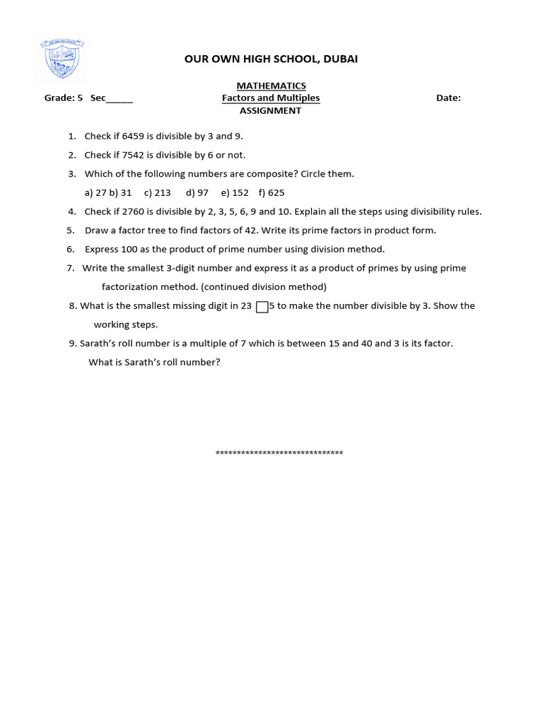 Grade 5 Math Assignment: Factors & Multiples | PDF
