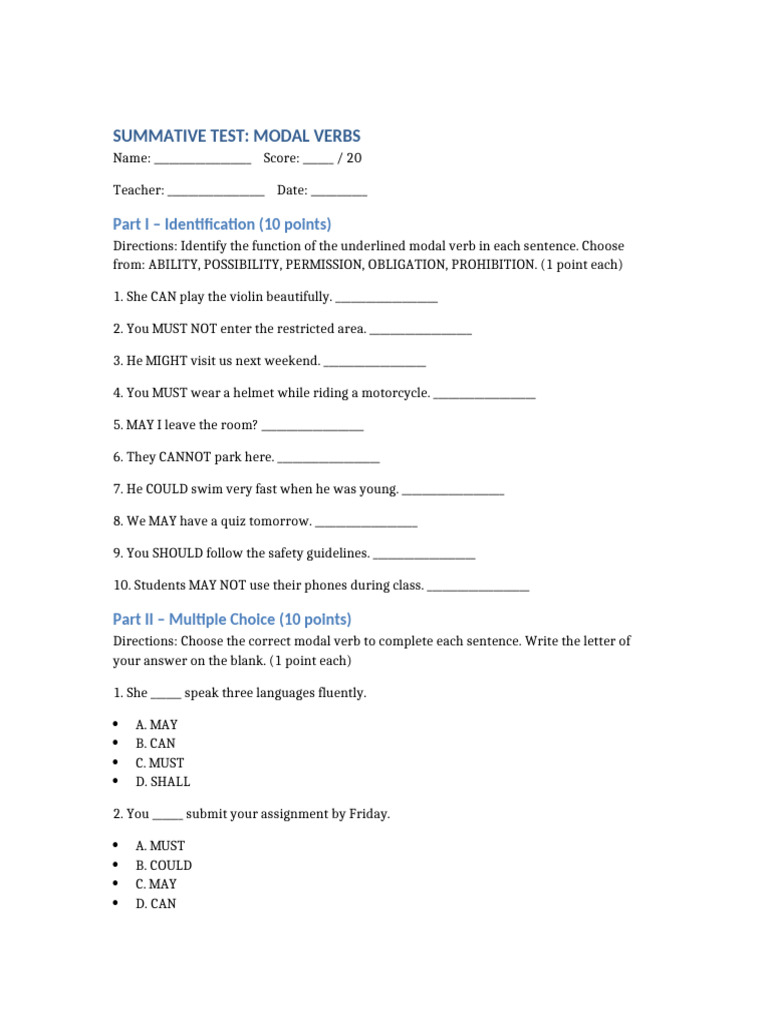 Summative Test Modal Verbs | PDF | Verb | Chess Theory