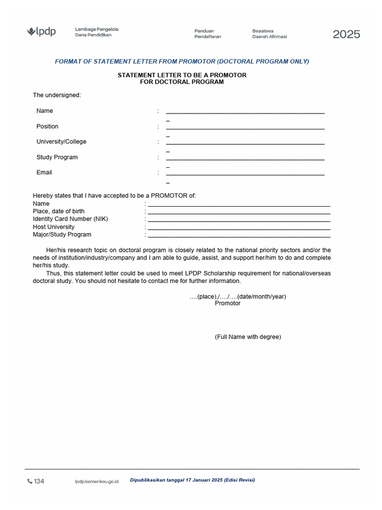 Contoh Format Surat Kesediaan Promotor LPDP | PDF