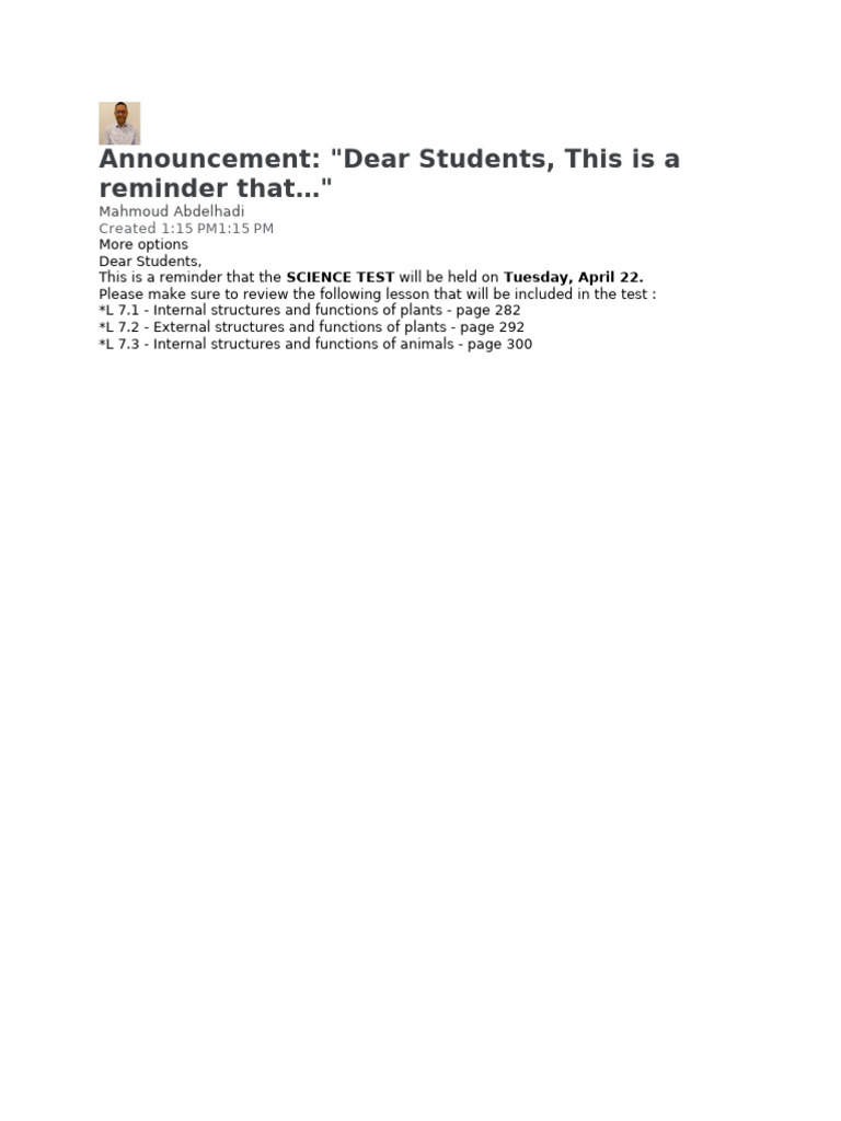 Reminder: Upcoming Science Test Details | PDF