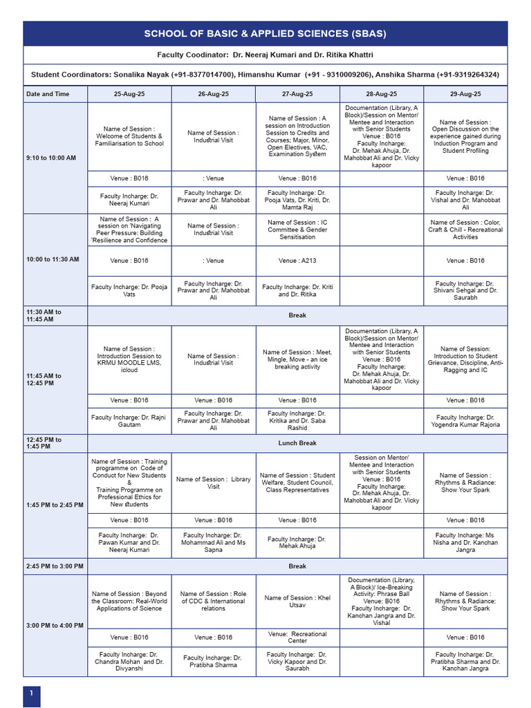 SBAS Induction Program Schedule 2025 | PDF