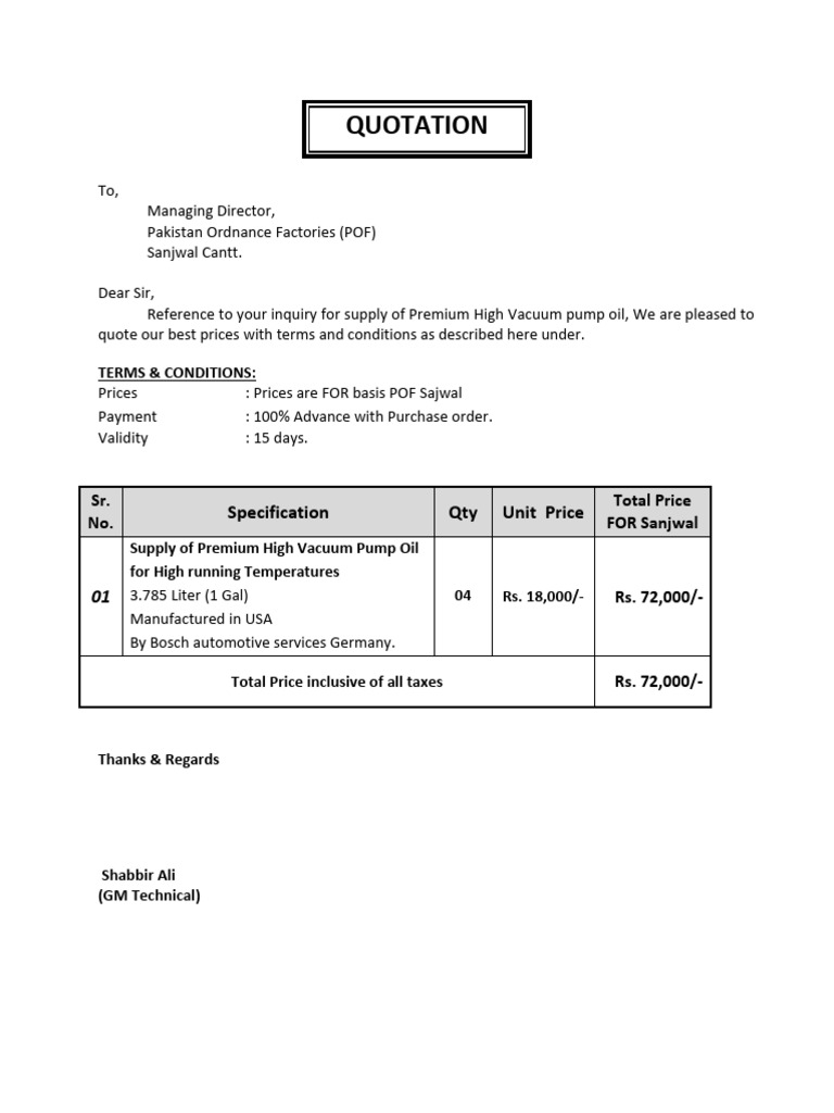 Quotation for Premium Vacuum Pump Oil | PDF