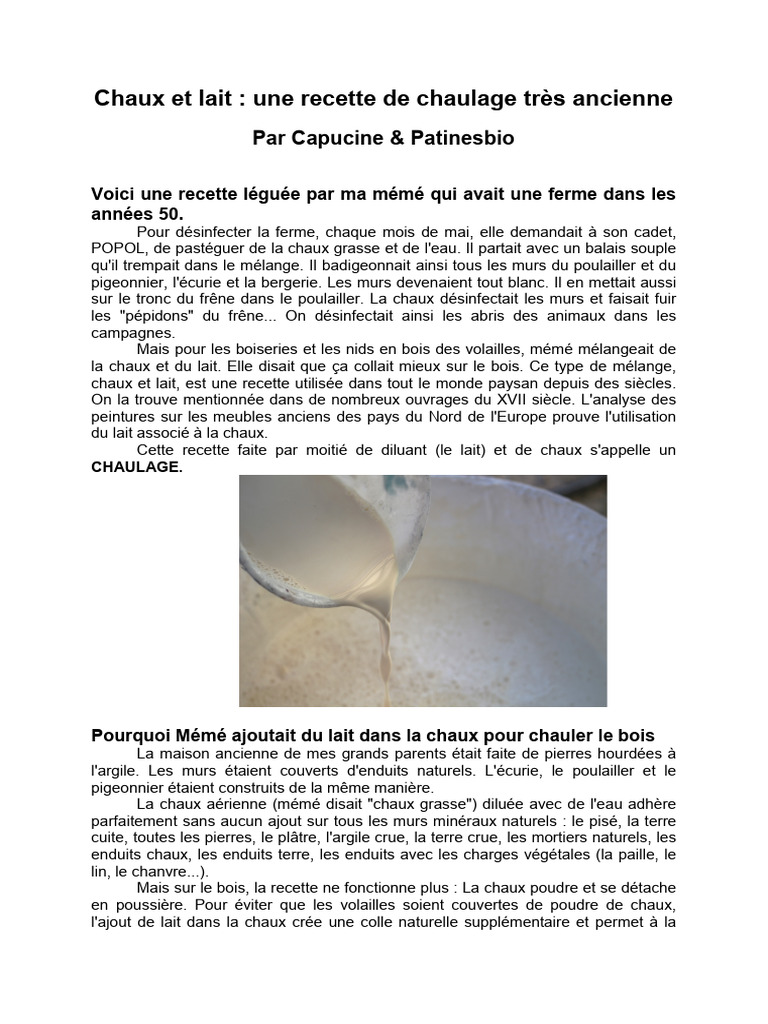 Recette de chaulage chaux et lait PDF Chaux Mortier (matériau) — free download