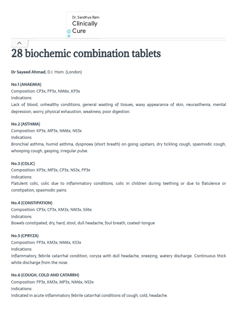 28 Biochemic Combination Tablets Guide | PDF | Indigestion | Cough
