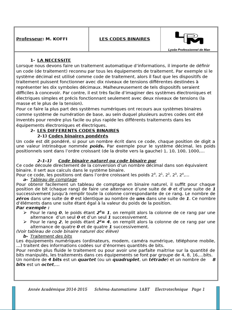 Introduction aux Codes Binaires | PDF | Décimal codé binaire | Notation