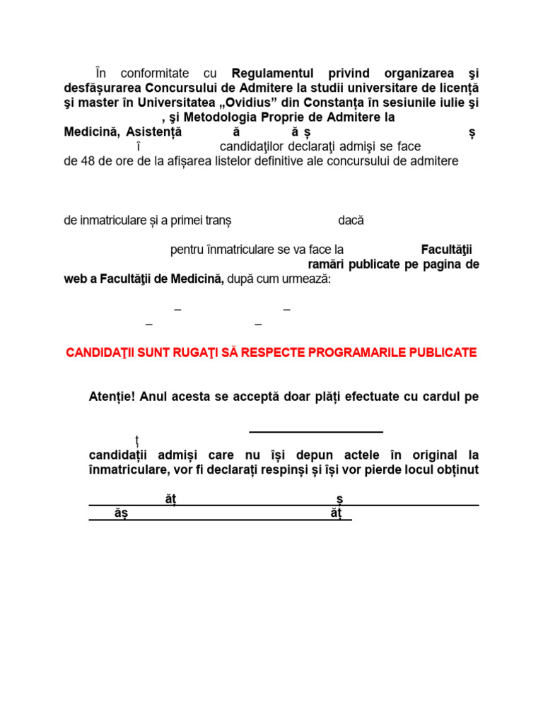 Anunt Inmatriculari Facultatea de Medicina 2024 | PDF
