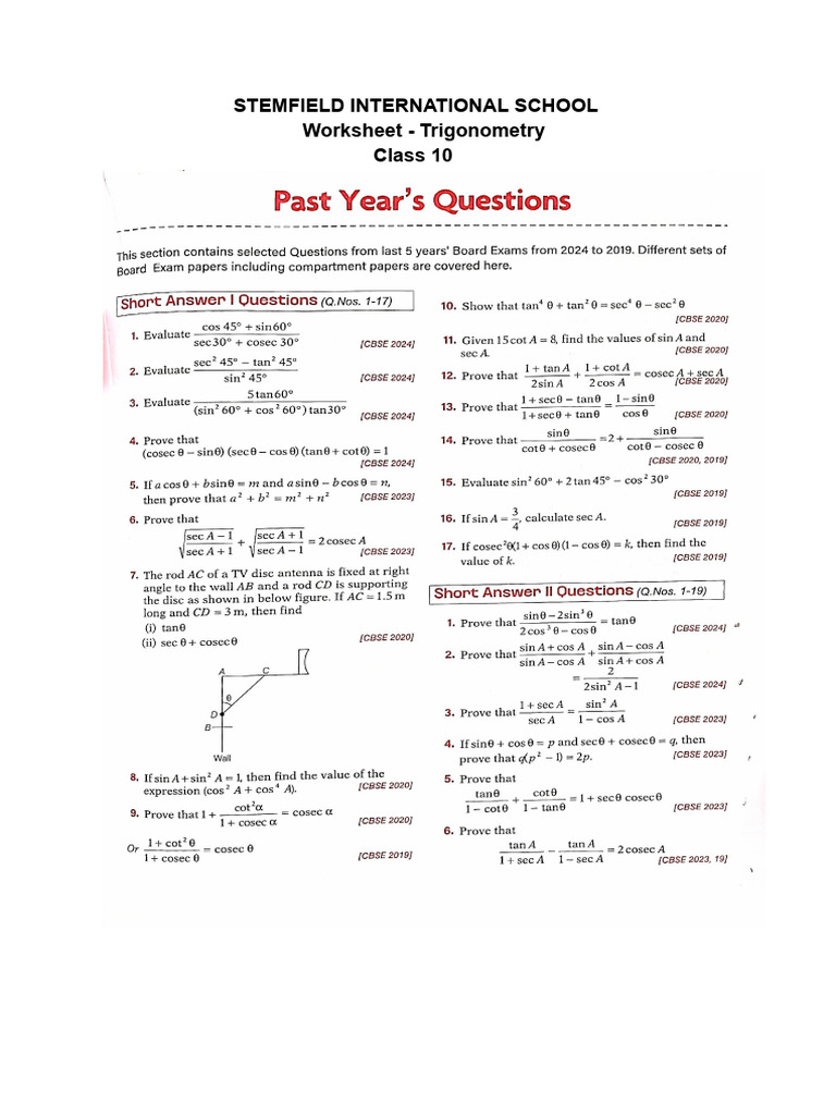 Class 10 Trigonometry Worksheet | PDF