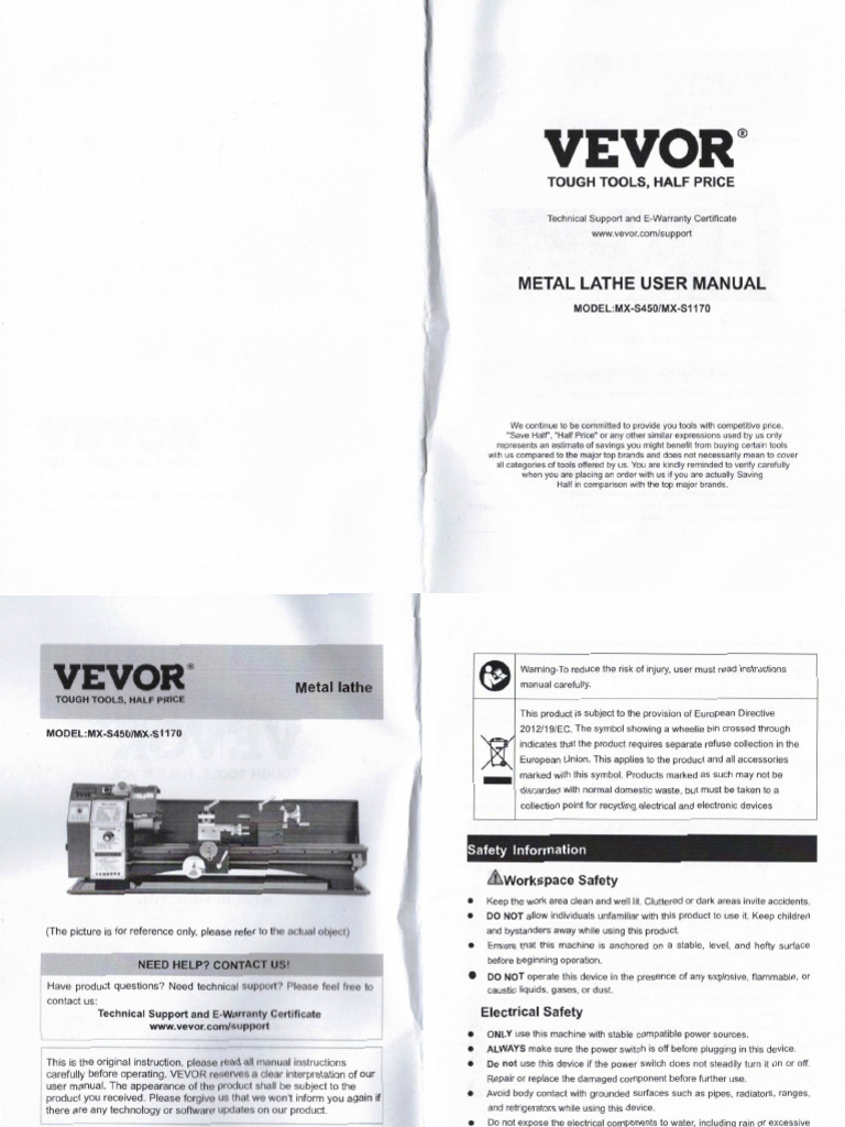VEVOR MX-S450/S1170 Lathe Manual | PDF | Electric Motor | Manufactured ...