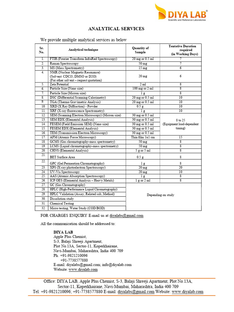 Diya Labs Analytical Services Overview | PDF | Scanning Electron ...