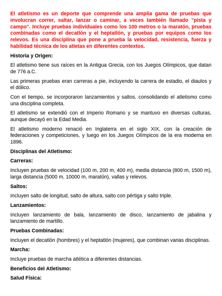 Resumen del Atletismo y su Historia | PDF | Deporte del atletismo ...