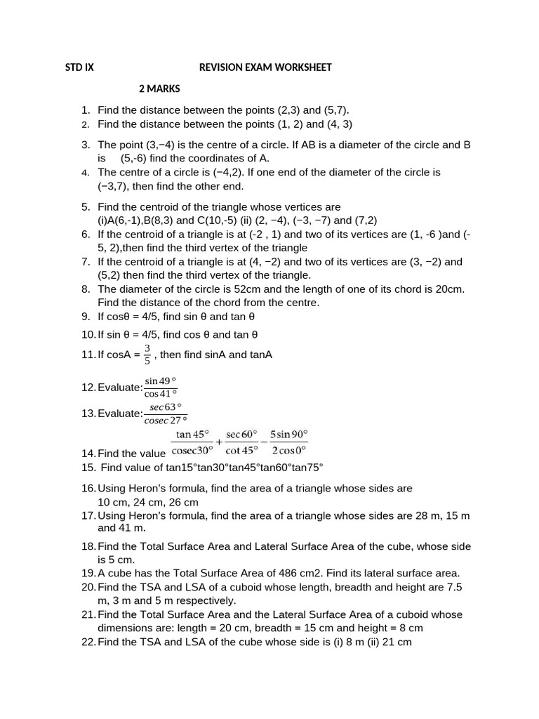STD IX Revision Exam Worksheet | PDF | Area | Length