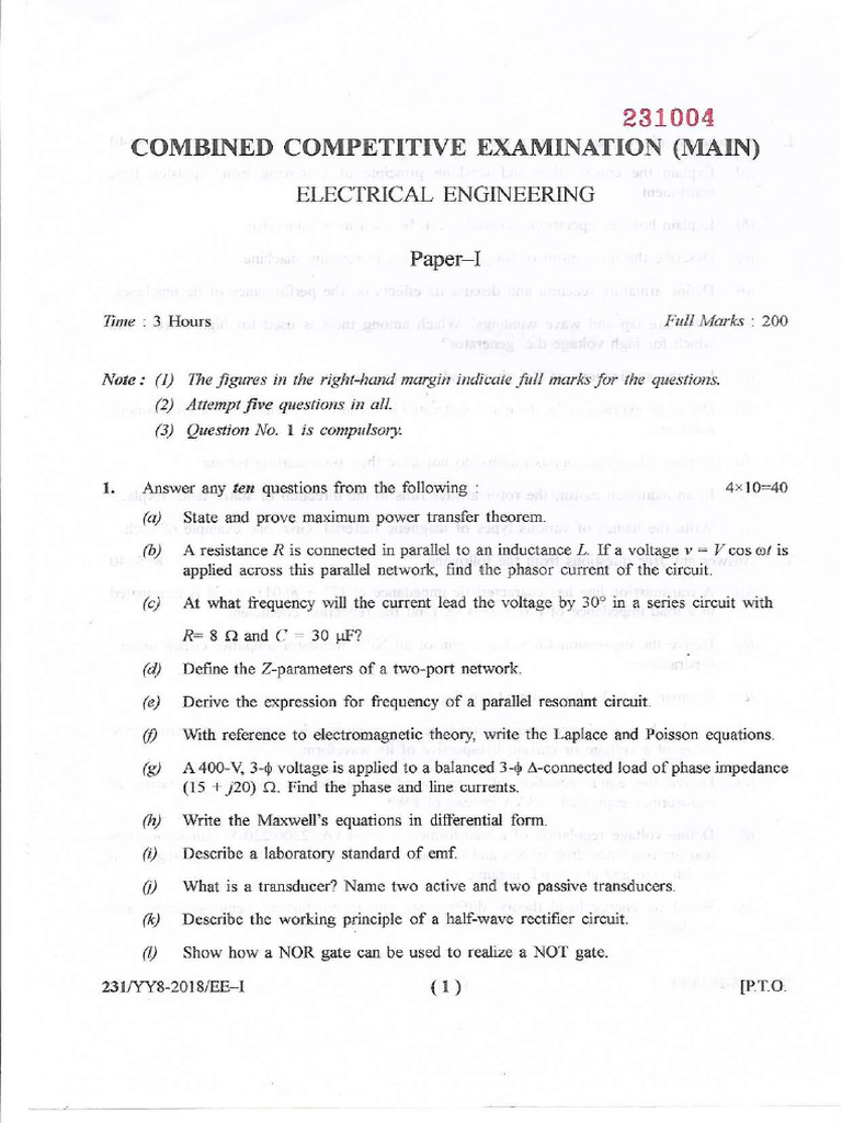 APPSCCE (Mains) 2017-18 Electrical Engg. Paper-I | PDF