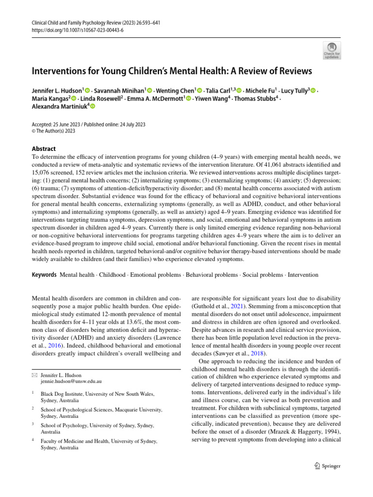 Interventions For Young Children's Mental Health: A Review of Reviews ...