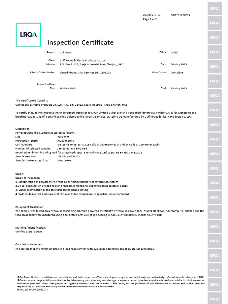 LRQA Inspection Certificate for Gulf Ropes | PDF | Rope