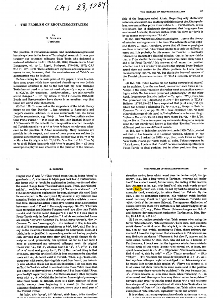 Doerfer, The Problem of Rhotacism-Zetacism 1984 | PDF