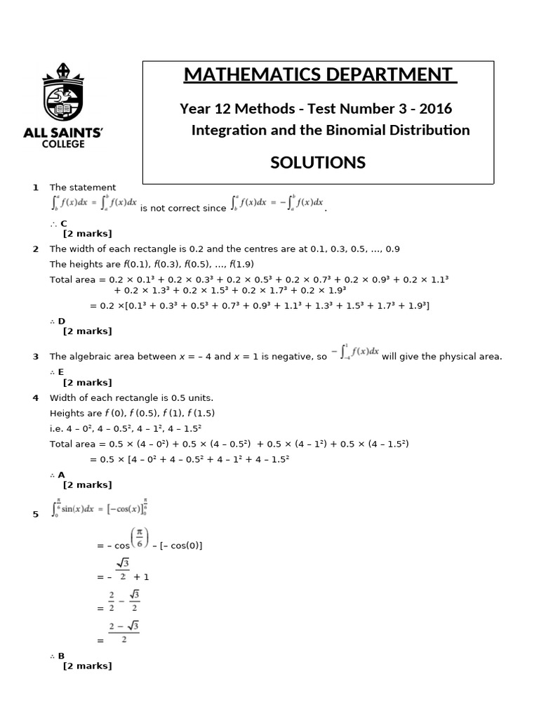 Year 12 Integration Test Solutions | PDF | Mathematical Concepts ...