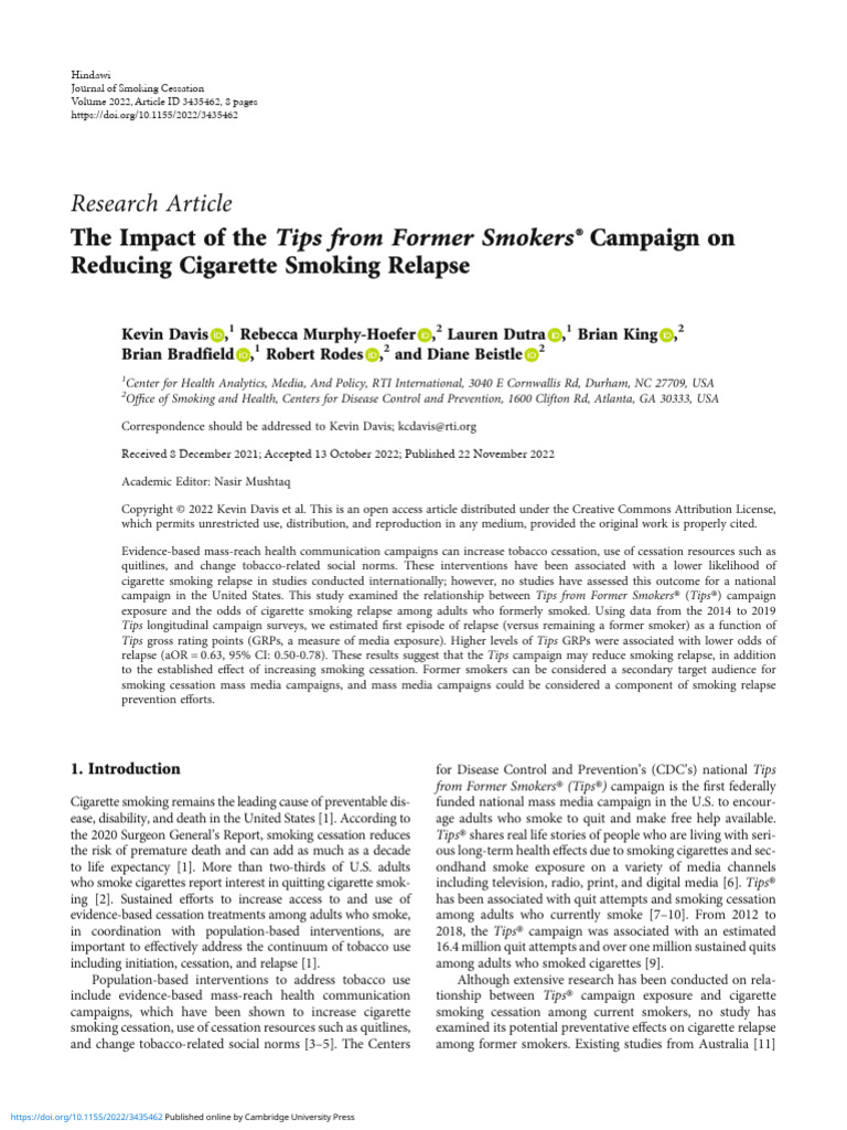 Tips Campaign's Effect on Smoking Relapse | PDF | Smoking Cessation ...