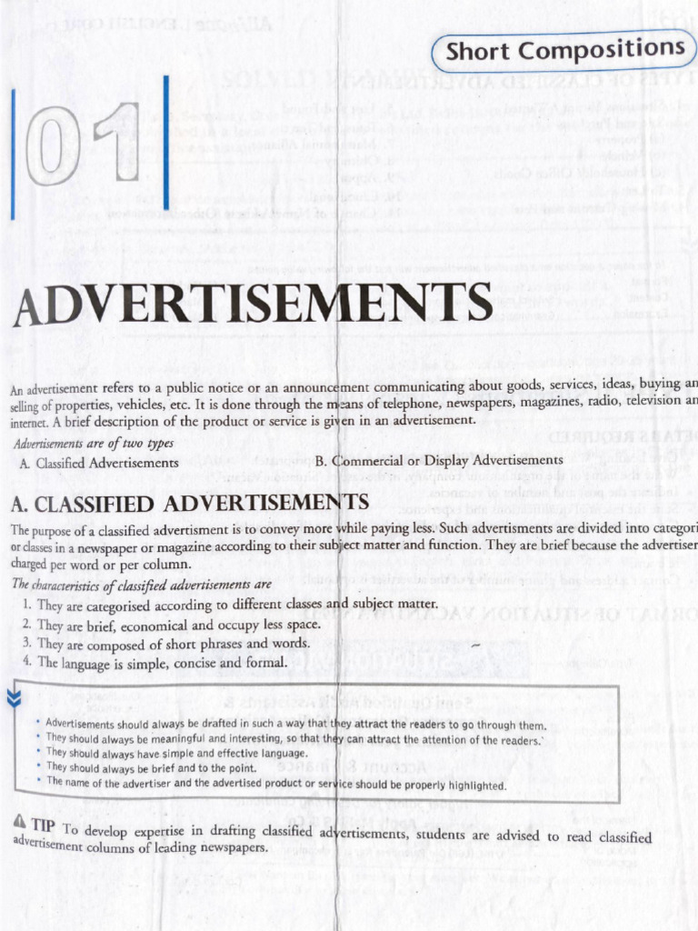 Class 11 English Advertisement Written | PDF