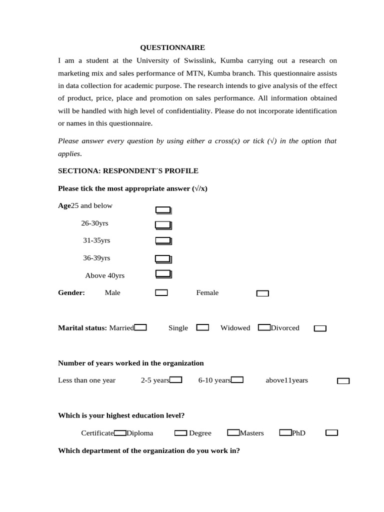 MTN Sales Performance Questionnaire | PDF | Marketing | Business