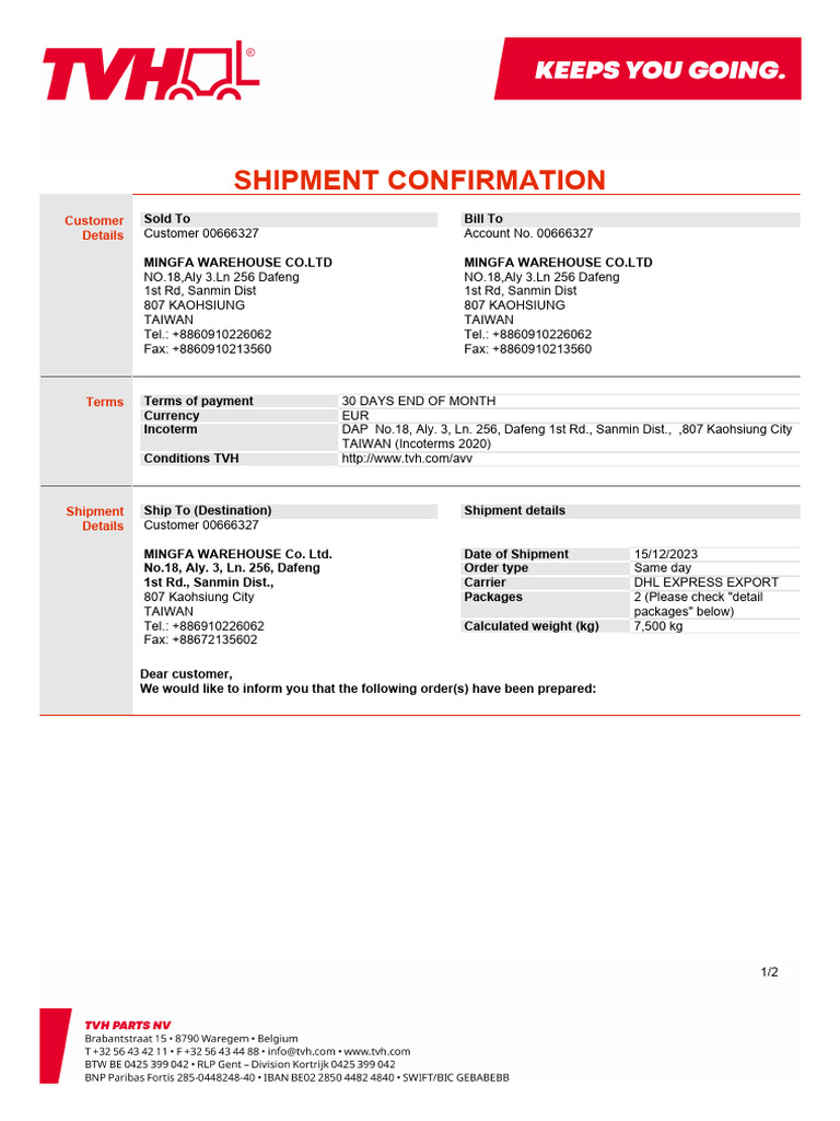 Shipment Confirmation for Mingfa Warehouse | PDF