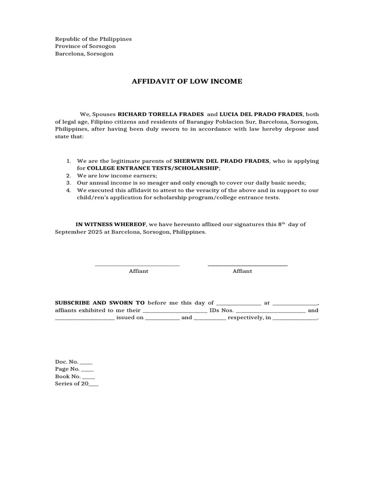 Affidavit of Low Income for Scholarship | PDF | Affidavit | Legal Procedure